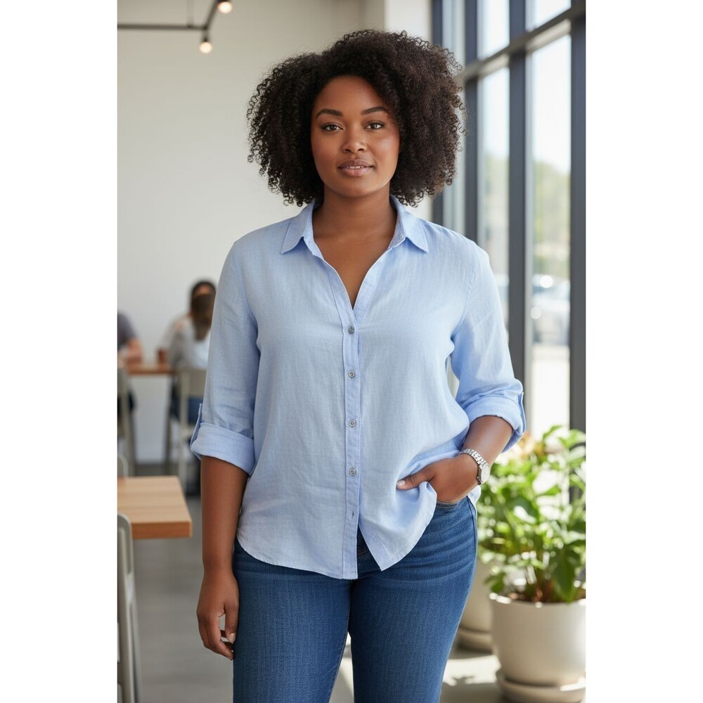 Sigrid Olsen Women’s 1X Light Blue Linen Tunic Shirt Button Front Roll-Tab